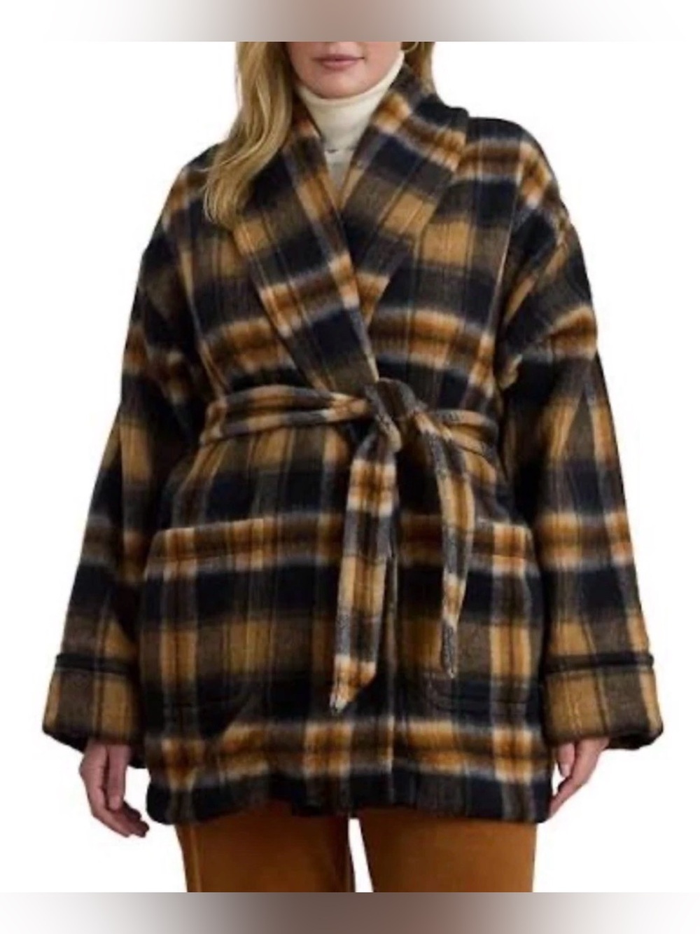 Lauren Ralph Lauren Plaid Wool Blend Shawl Collar Wrap Coat Brown Sz 2X NWT